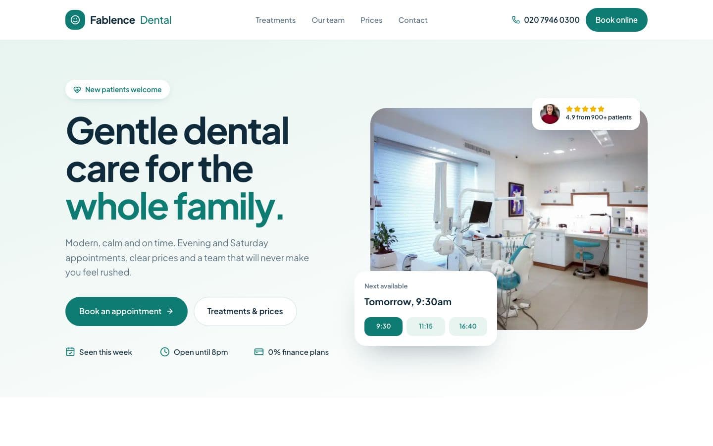 Example homepage for a dental clinic in the Clean and caring style, with online booking on the first screen