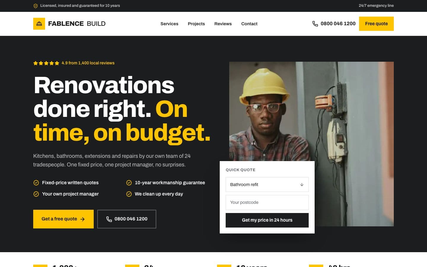 Example homepage for builders and trades in the Strong and dependable style, with a quote form on the first screen
