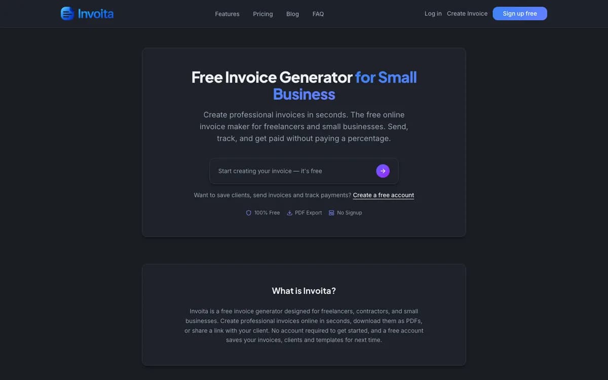 Invoita's live homepage