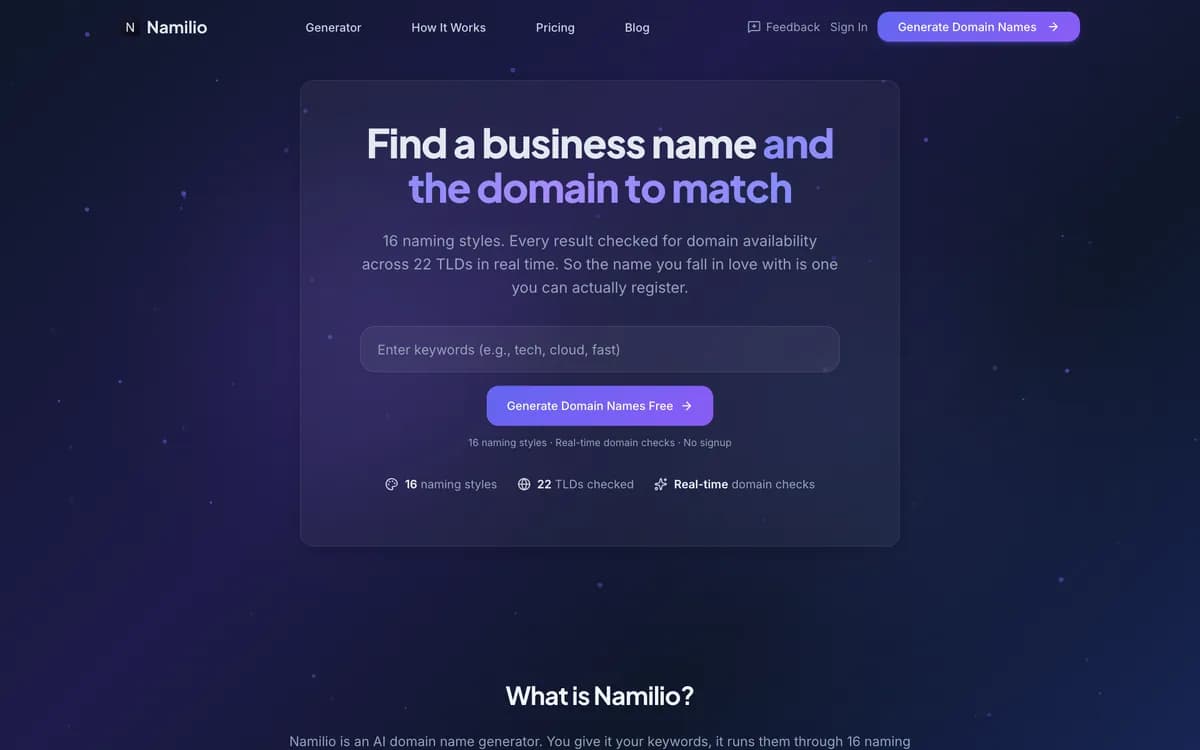 Namilio's live homepage