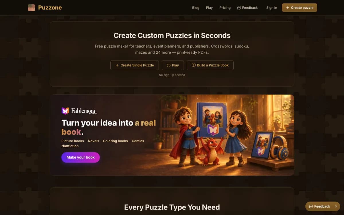 Puzzone's live homepage