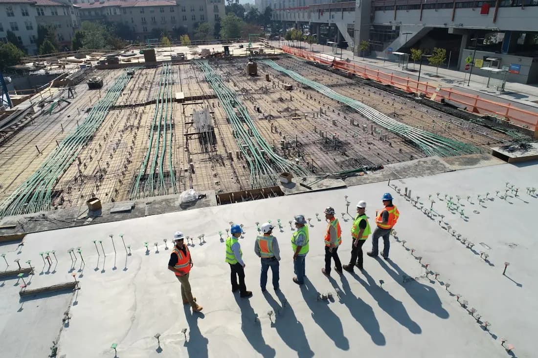 A construction team on a site, seen from above