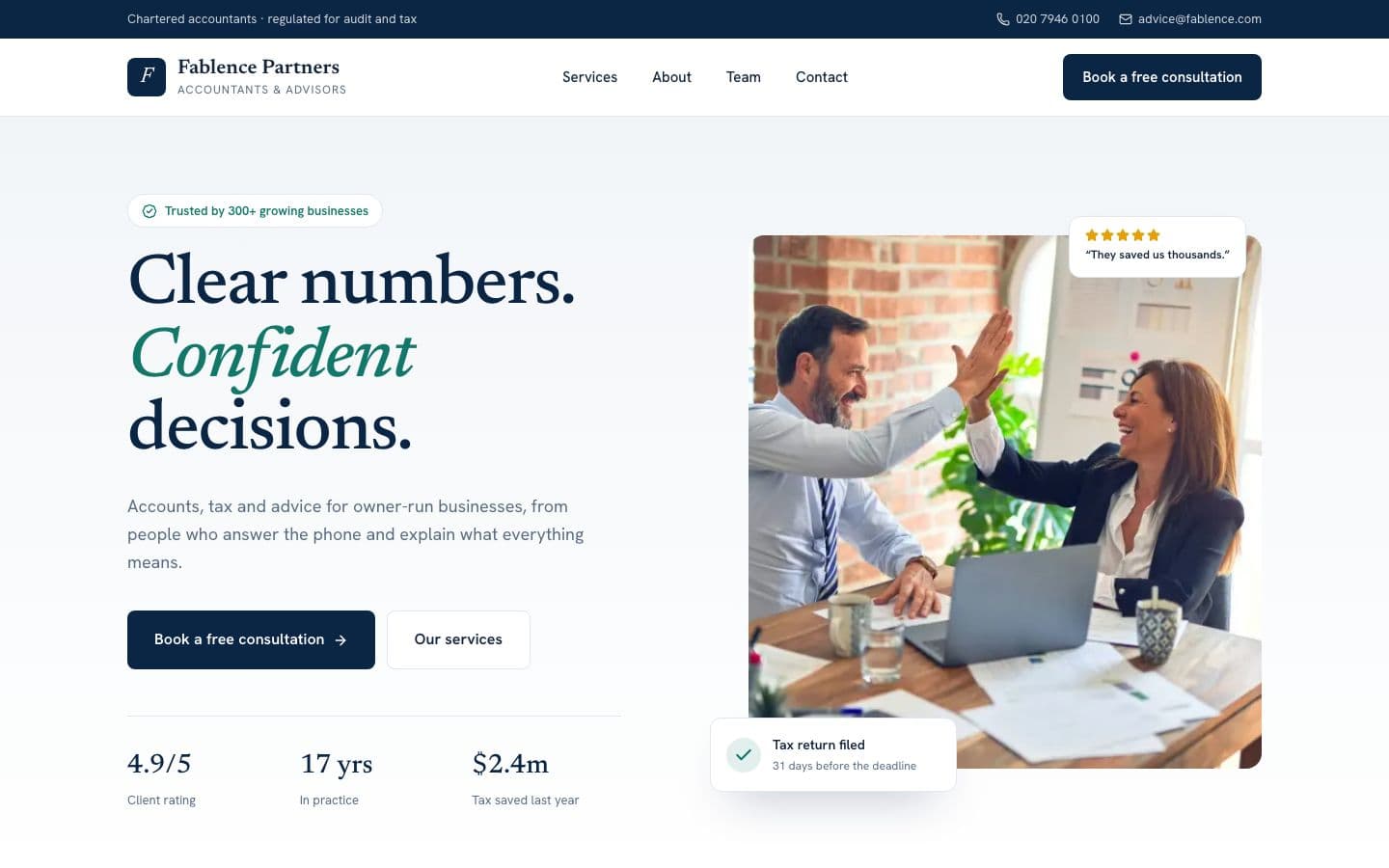 Example homepage in the Professional and trusted style: a clear headline, a consultation button and proof up front
